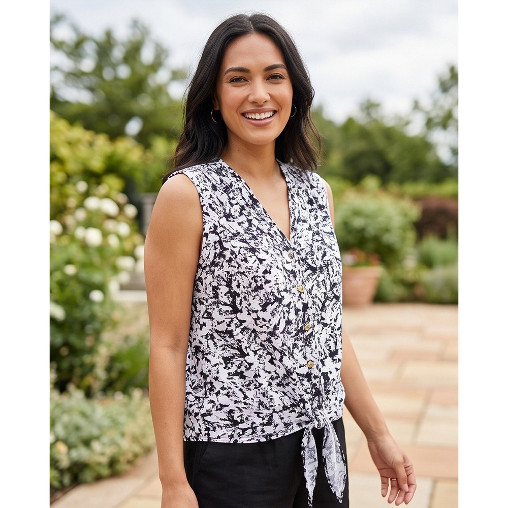 Thalia Sodi Medium Black White Abstract Tie‎ Front Sleeveless Button Blouse NEW